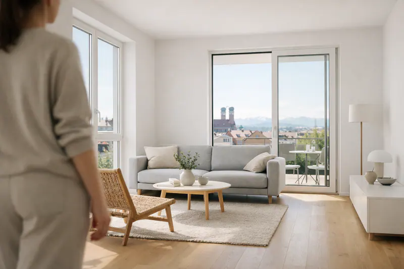 Helles Wohnzimmer mit großen Fenstern