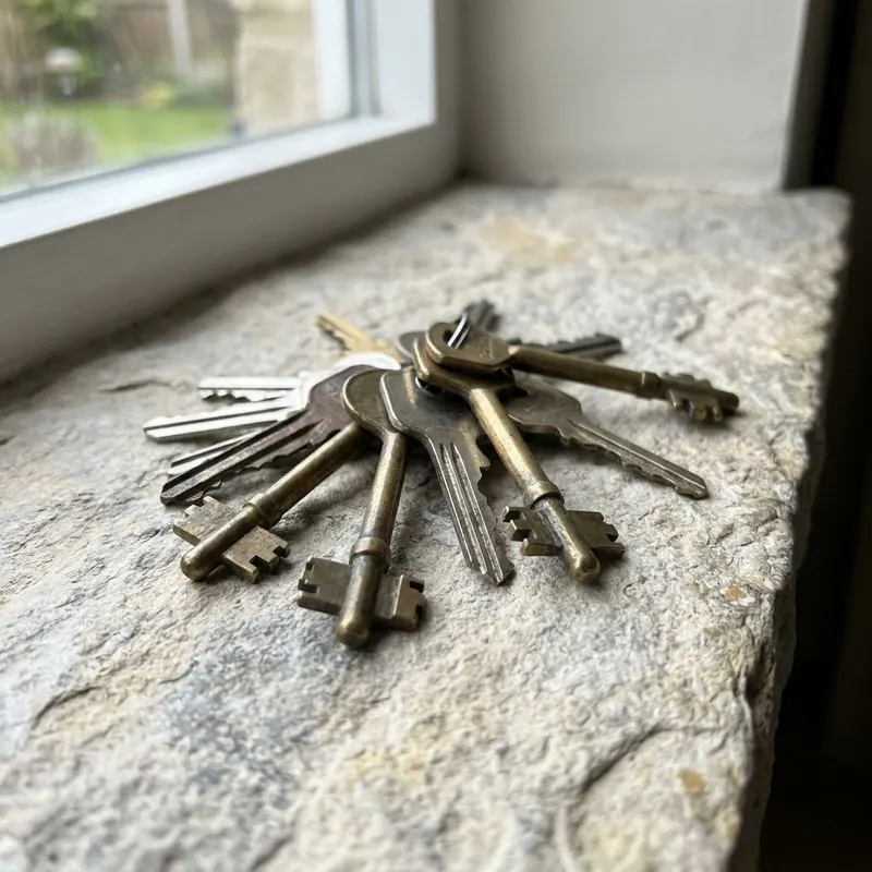 Bund alter Messingschlüssel liegt auf einer rauen Natursteinfensterbank vor einem Holzfenster mit Blick in den Garten